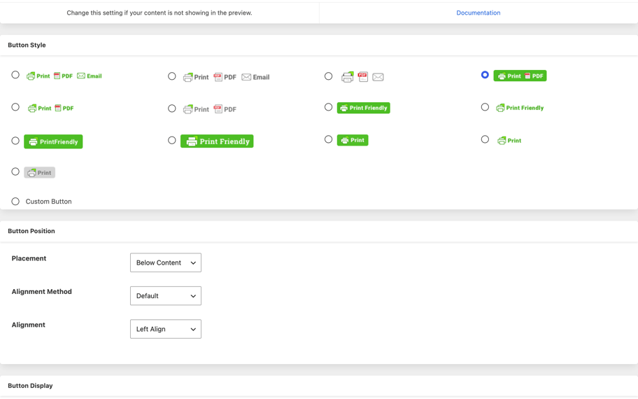 The plugin's settings screen showing thirteen built-in button styles and the controls for where the button appears