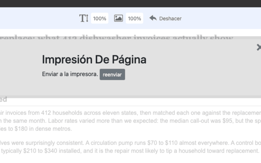 The PrintFriendly print preview running in Spanish, with its on-screen text translated